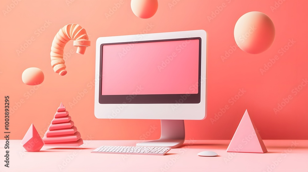 Fototapete mock up composition with computer and geometry figures 3d render.