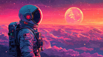 An isolated 8-bit pixel art character of a cyborg astronaut exploring a distant galaxy, rendered in a vintage video game style with a pop art twist