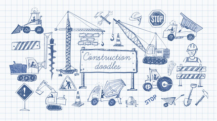 Vector doodle sketch of various heavy construction vehicles, including cranes, excavators, trucks, and loaders, in hand-drawn style on lined paper background