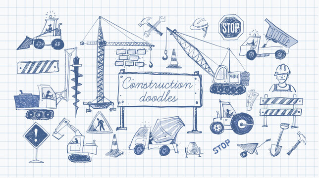 Vector doodle sketch of various heavy construction vehicles, including cranes, excavators, trucks, and loaders, in hand-drawn style on lined paper background