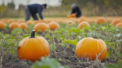 A ripe pumpkin patch with vibrant orange pumpkins in the foreground, and a blurred farmer tending the crops in the background