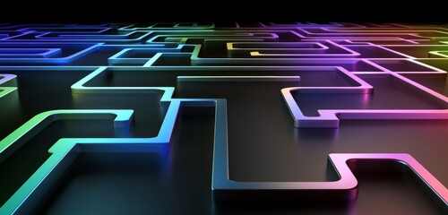 Obraz premium Abstract Digital Technology Background with Glowing Holographic Maze Lines and Cubes in Blue, Green, and Purple