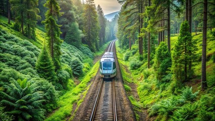 Fototapeta premium lush green forest with ferns and tall trees surrounding railway tracks