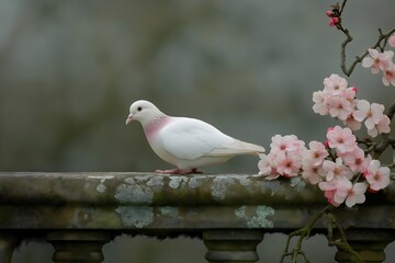 Obraz premium White pigeon perched elegantly on weathered stone wall structure. Surrounded by delicate flowers in full bloom.