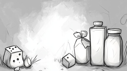 Vintage Inspired Dairy Food Illustration with Milk Containers and Cheese Blocks Rendered in Pencil Sketch Technique