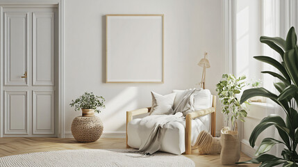 Framed artwork mock-up in a Scandinavian-inspired room, with light and airy decor, 3D render.