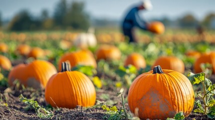 A ripe pumpkin patch with vibrant orange pumpkins in the foreground, and a blurred farmer tending the crops in the background