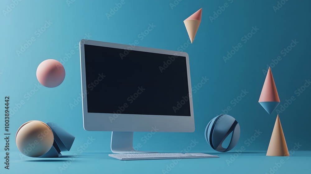 Fototapete mock up composition with computer and geometry figures 3d render.