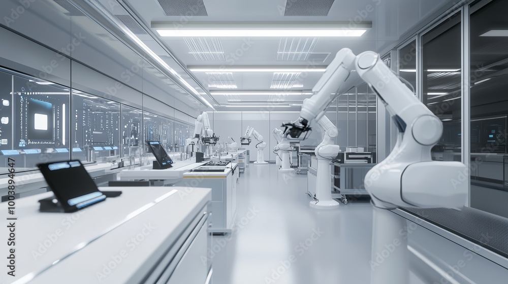 Poster modern laboratory showcasing advanced robotic arms engaged in precise tasks during a research sessio