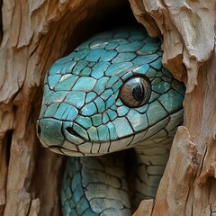 Vivid Green Snake Emerging from Wooden Burrow, Symbol of Renewal and Transformation in Nature