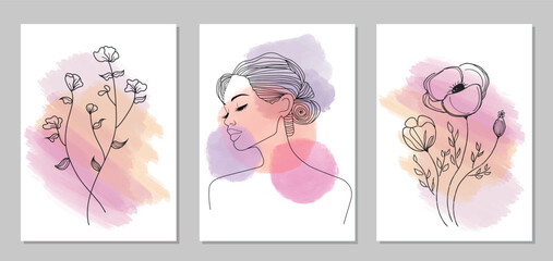 Set of Abstract flowers decorations with a woman and shapes