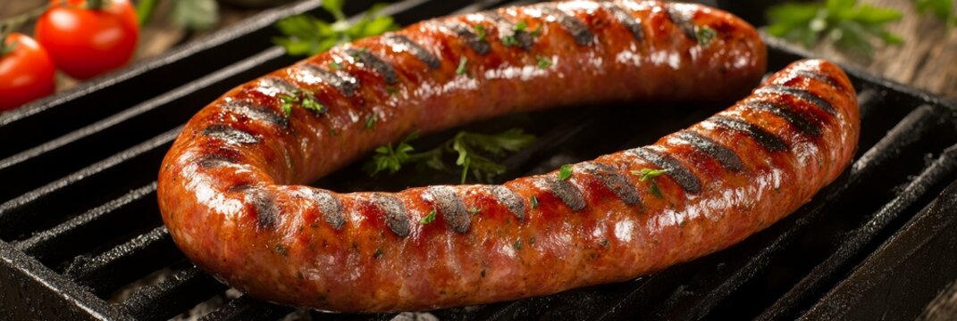 Grilled Sausage, Juicy Sausage on the Barbecue Grill, Close Up of Sizzling Grilled Sausage