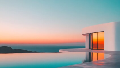 Fototapeta premium White Modernist House with Large Windows on Cliff Overlooking the Sea in Curved, Colorful Dreamscape