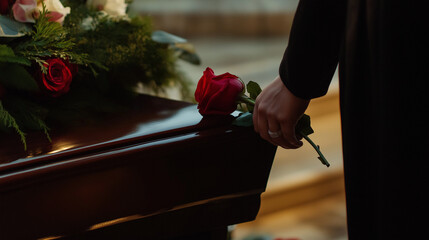 Funeral ceremony with a hand placing a rose on the coffin, somber mood, emotional moment
