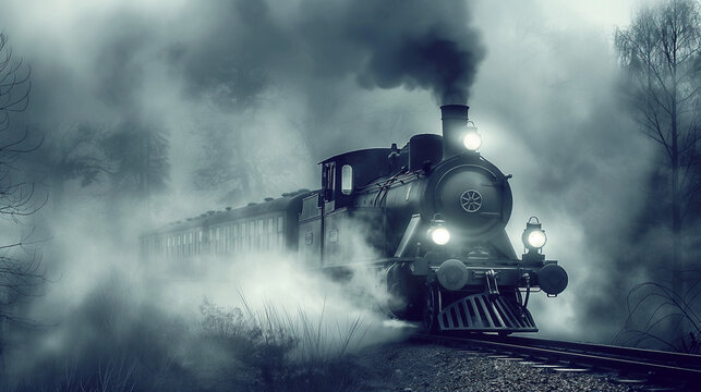 The ghostly train emerging from thick fog, steam rising, eerie atmosphere, dark tones
