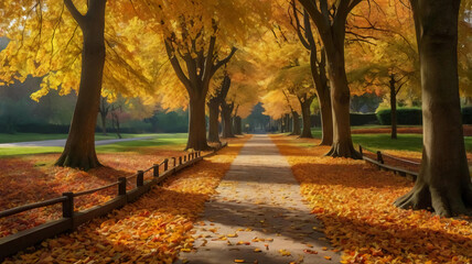Fototapeta premium Golden Autumn Park Pathway. Ideal for Seasonal and Nature Themes
