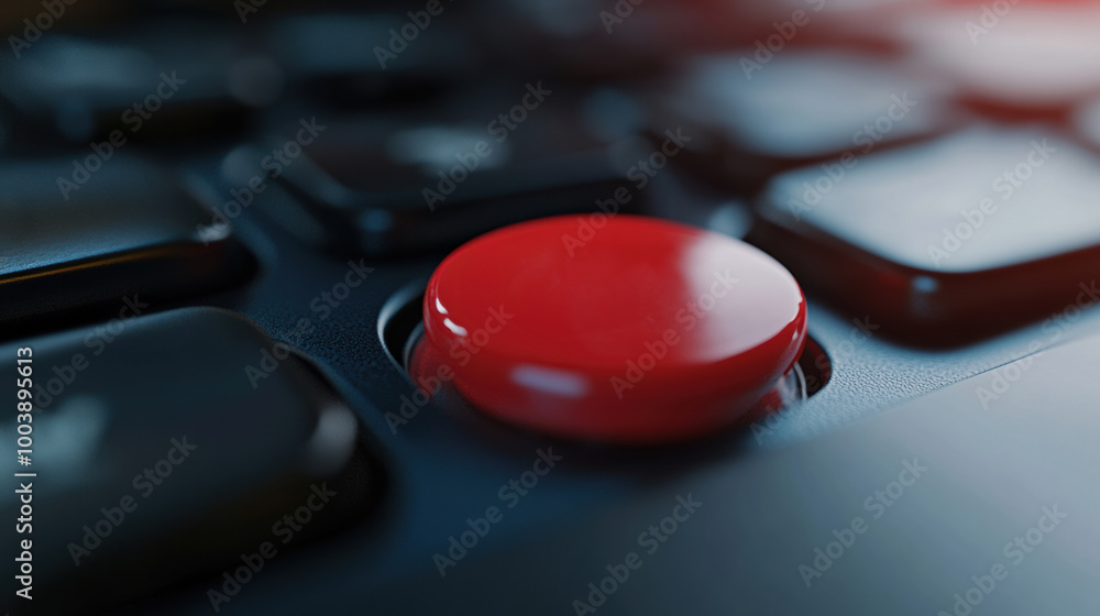 Poster a close up of a red button on the keyboard of an electronic device, ai