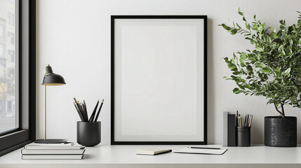 Frame mock-up set on a minimalist desk in a study room, 3D render.