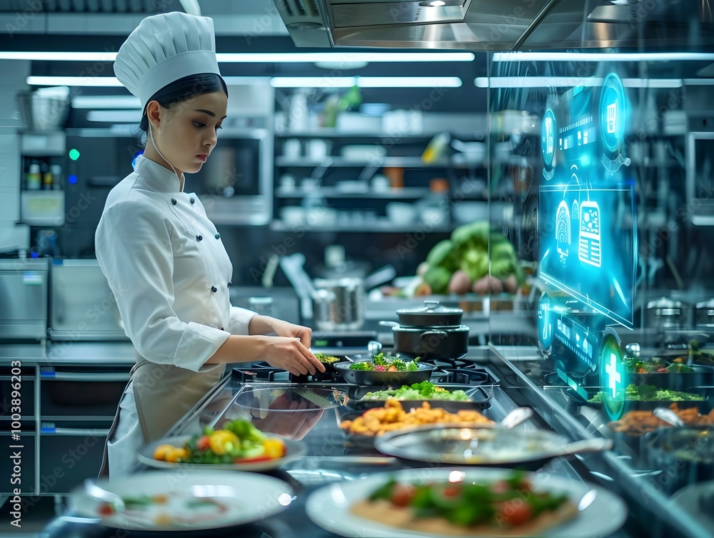 Poster chef utilizing smart kitchen system to efficiently monitor multiple cooking tasks