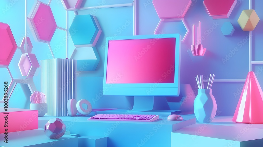 Fototapete mock up composition with computer and geometry figures 3d render.