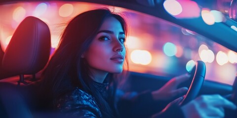 A young woman driving in a colorful city at night. The vibrant lights reflect a lively urban atmosphere. This image captures a moment of adventure and freedom. AI.