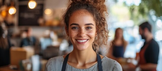 Smiling young woman with curly hair working in a cafe.