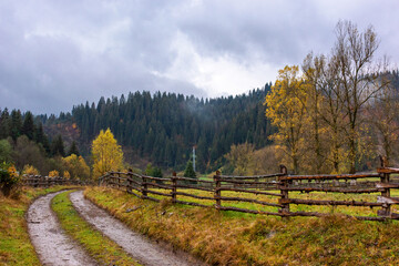 Fototapeta premium dirt road through rural landscape in autumn. rainy weather. mountainous carpathian countryside in fall season. overcast sky. fence along the path. no escape