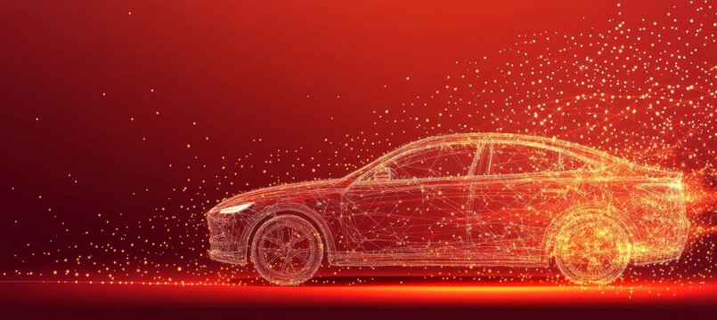 Abstract Digital Car on Red Technology Background, Connected Dots, Lines, and Triangles