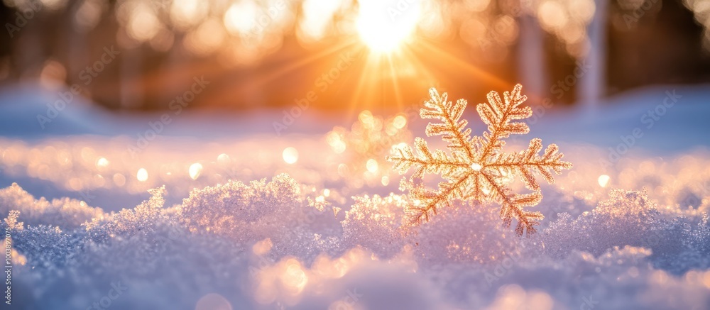 Poster a single snowflake sits on a bed of fresh snow with the sun shining through the trees in the backgro