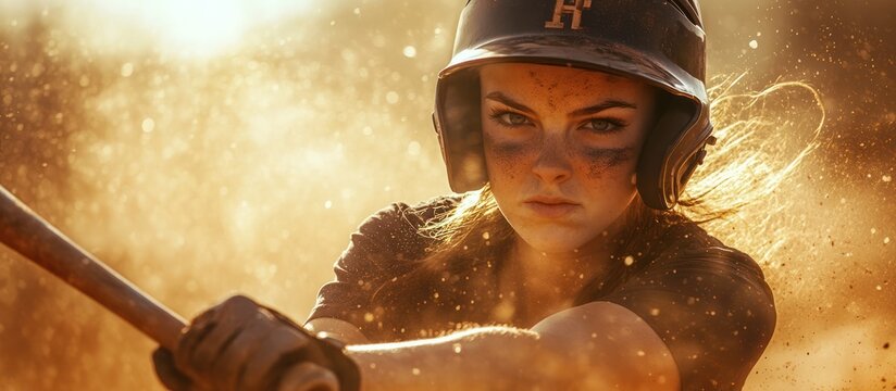 A young woman in a baseball uniform swings a bat with a determined expression on her face, surrounded by dust and sunlight.