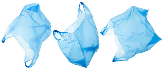 blue disposable shopping bags in different views isolated, plastic waste and pollution