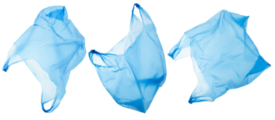  plastic waste and pollution, blue disposable shopping bags in different views, isolated