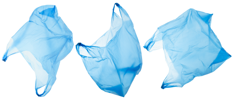  plastic waste and pollution, blue disposable shopping bags in different views, isolated