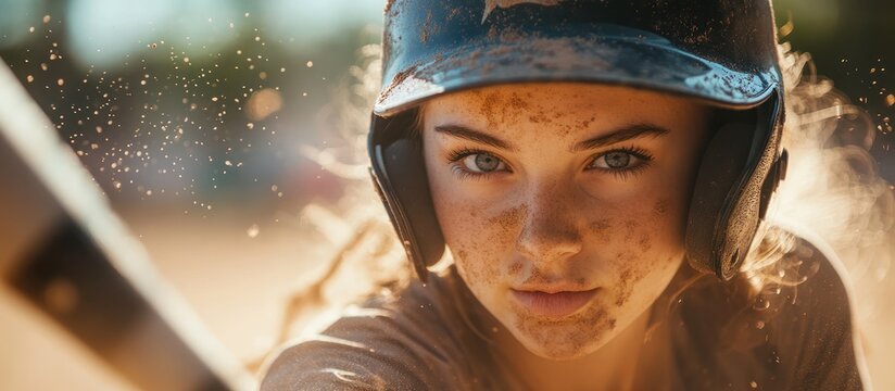 A young female baseball player, with a determined look on her face, stands in the batter's box with dirt and dust flying around her.