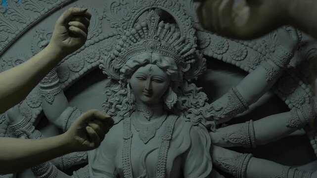 Goddess Durga Idol video for Durga puja the biggest festival in India, Raw footage in full HD of navaratri Maa Durga idol making portrait shot Happy Durga puja and Dussehra and Vijaya Dashami