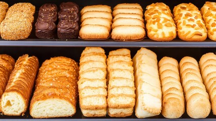 A colorful display of assorted pastries and baked goods arranged neatly on shelves, showcasing various textures and flavors.
