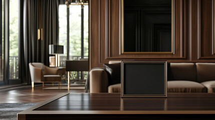 Elegant mock-up frame displayed on a dark, polished wooden table in a luxury living room, 3D render.