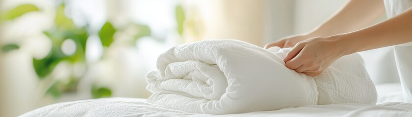 A person carefully folding a soft white blanket on a bed, creating an inviting and tidy atmosphere, symbolizing comfort, relaxation, and organization in a living space.
