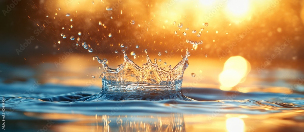 Poster close-up of a water drop splashing in a pool of water with a golden sunset reflection.