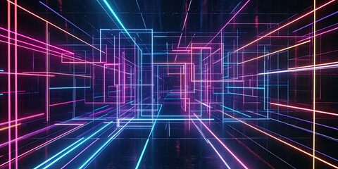 Obraz premium Neon background black vibrant colors, retro futuristic designs backdrop, illustration graphic design border, generated ai