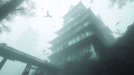 Obraz premium Haunting Presence of an Abandoned Japanese Castle in the Misty Shadows