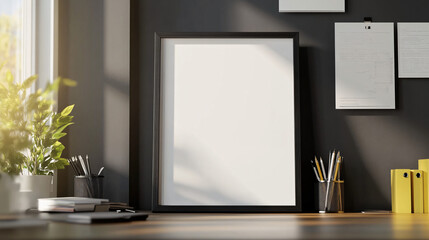 Elegant mock-up frame displayed in a sunlit home office with modern decor, 3D render.