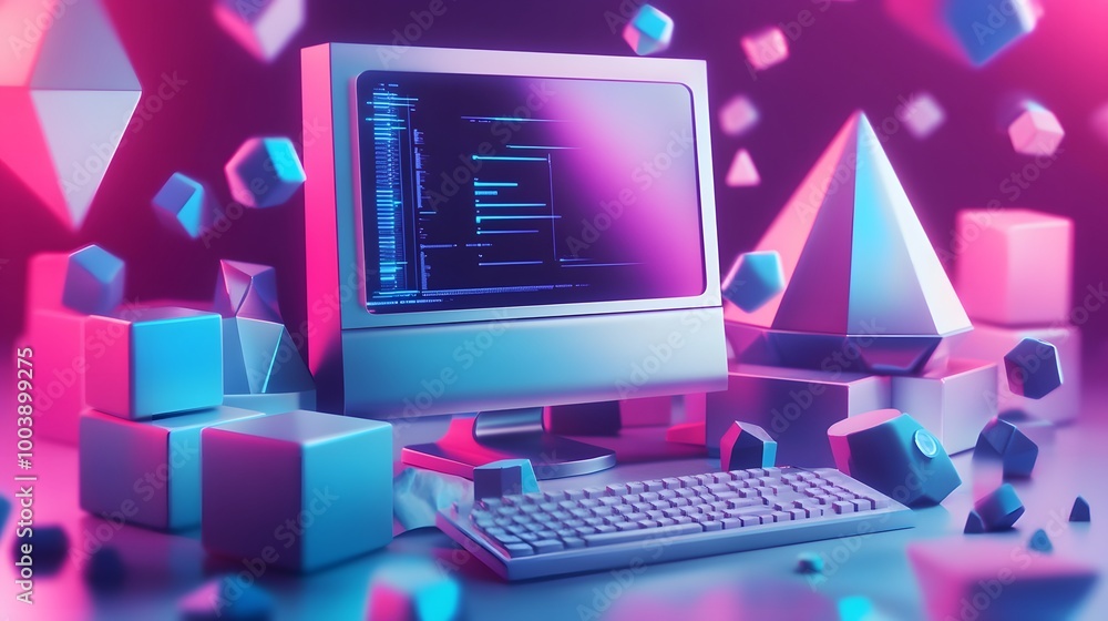 Fototapete mock up composition with computer and geometry figures 3d render.