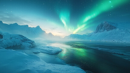 Naklejka premium The Arctic wilderness offers a serene atmosphere with ethereal glow, turquoise and green lights, and icy terrain, perfect for night photography and capturing surreal beauty.