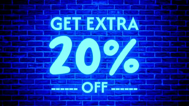Neon light get extra 20 percent off text box modern banner animation motion graphics on brick wall background