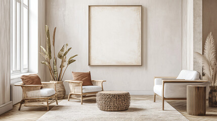 Elegant framed artwork mock-up in a spacious, modern living room with warm accents, 3D render.