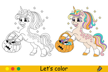 Halloween coloring cute unicorn and pumpkin vector illustration