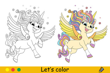 Fototapeta premium Coloring cute joyful flying unicorn vector illustration
