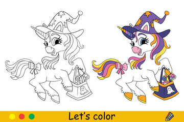 Halloween coloring cute unicorn wearing witch hat vector