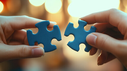 Two hands holding blue puzzle pieces, symbolizing collaboration and connection in business or personal life